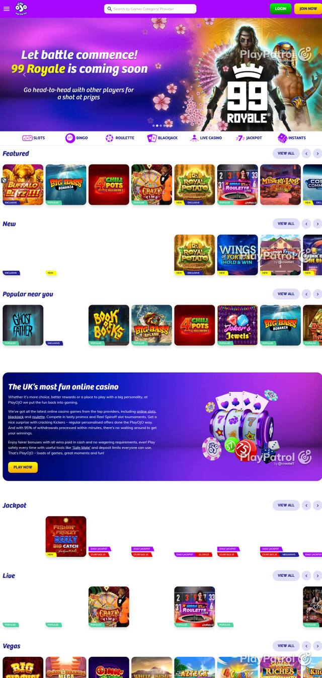 Homepage capture of PlayOJO recorded during the scan