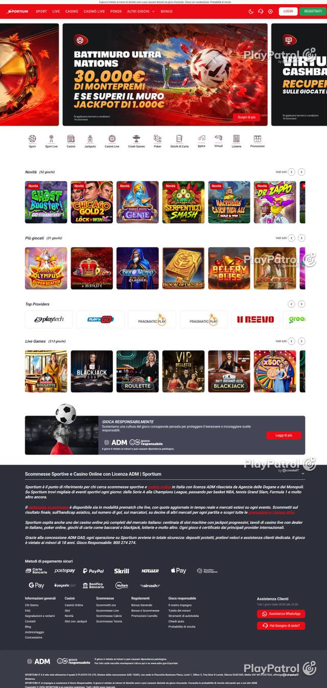 Capture of the front page of Sportium (sportium.it) on 4 October 2026