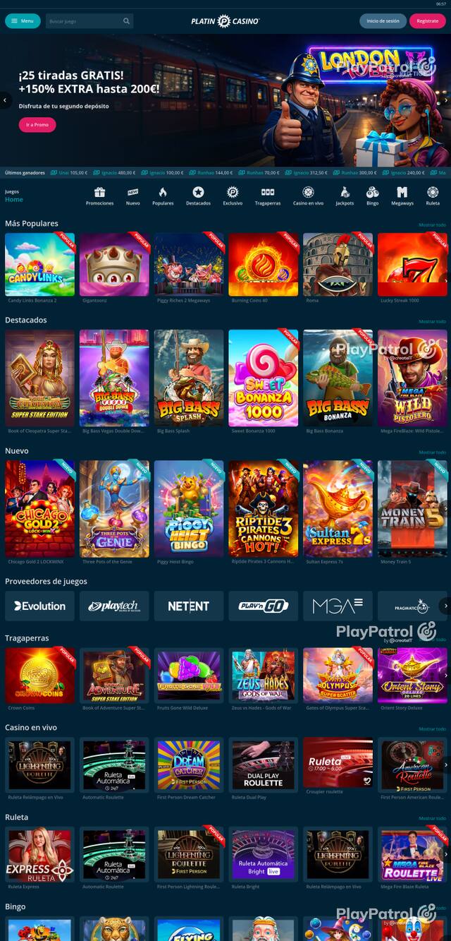 Capture of the front page of Platin Casino (platincasino.es) on 11 October 2026