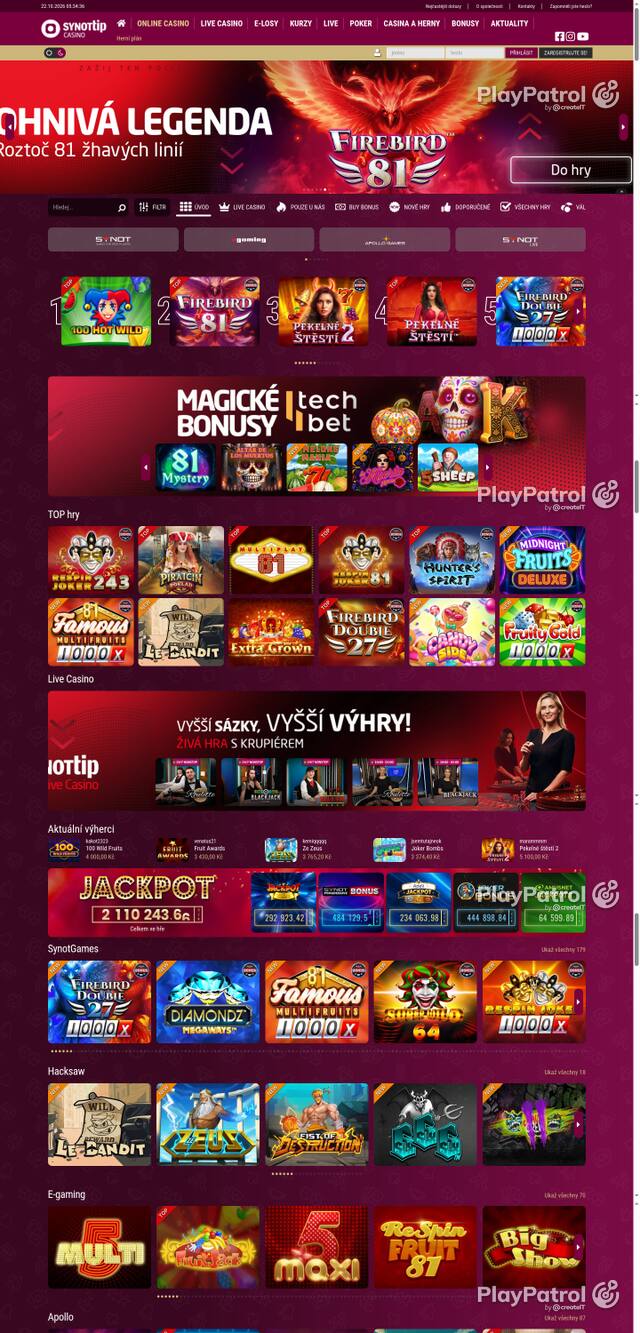 Capture of the front page of Synot Tip (casino.synottip.cz) on 22 October 2026