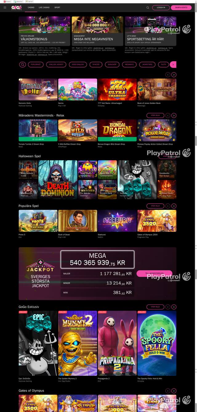 Capture of the front page of gogocasino.com (gogocasino.com) on 16 October 2026