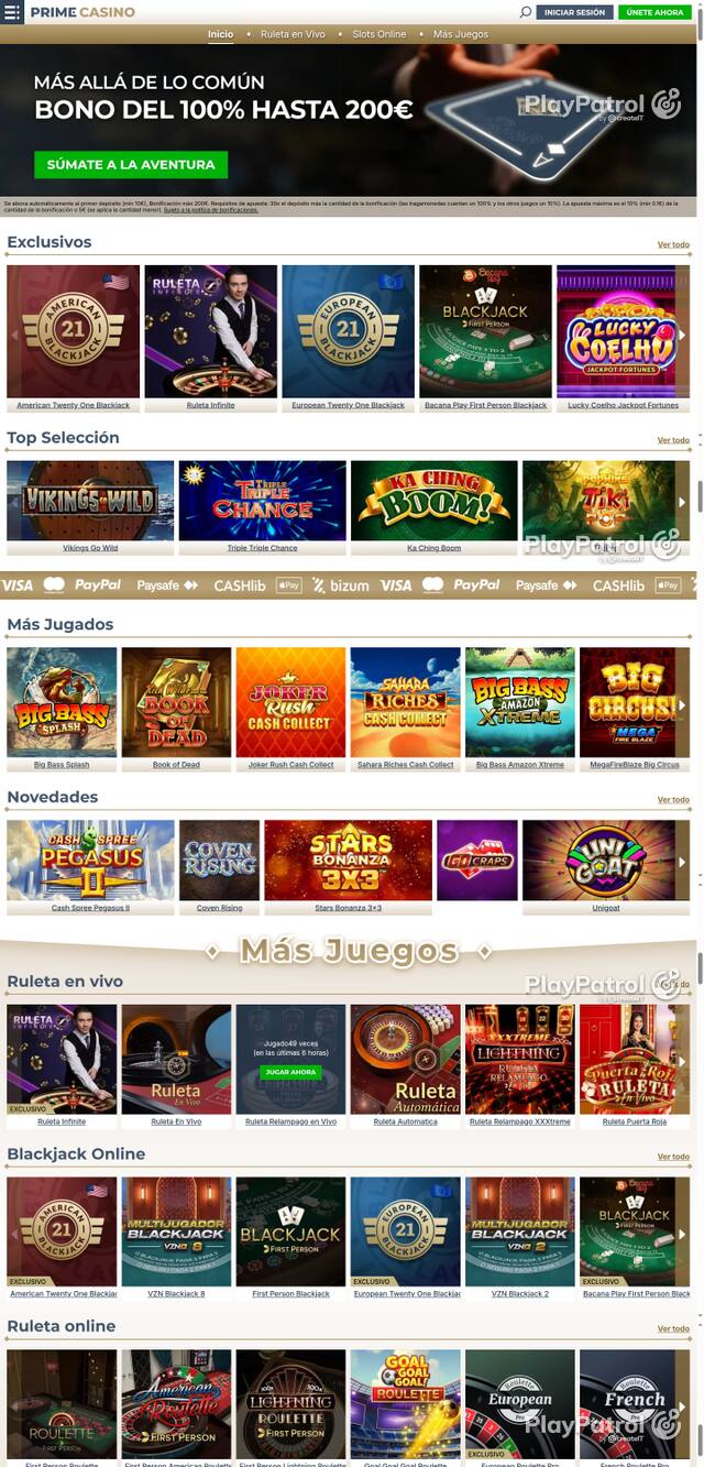 Capture of the front page of Prime Casino (primecasino.es) on 20 October 2026