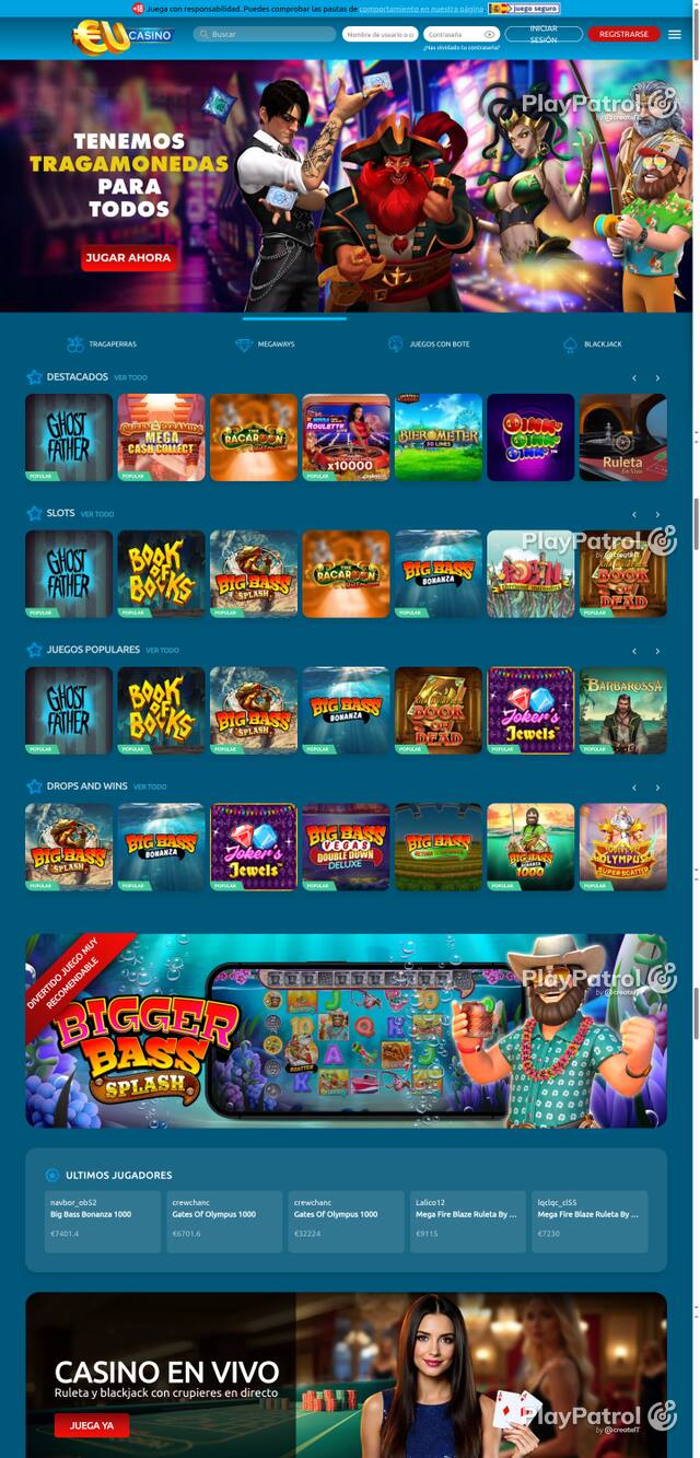 Capture of the front page of EU Casino (eucasino.es) on 25 October 2026