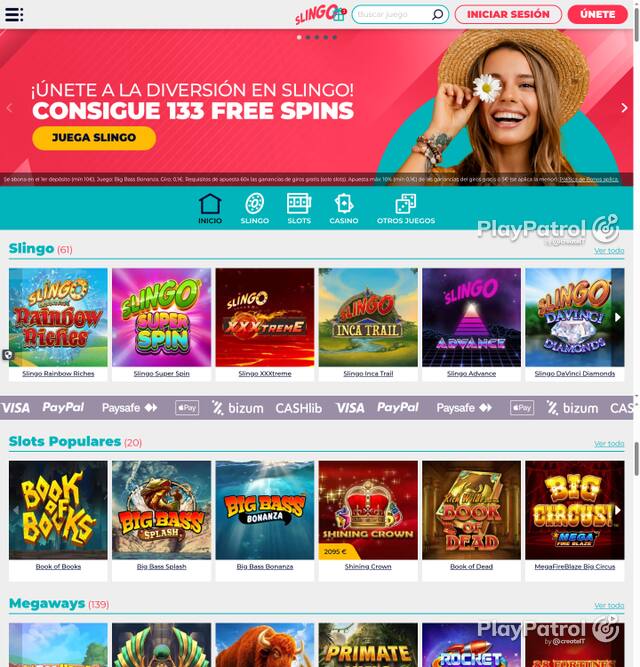 Capture of the front page of Slingo Casino (slingocasino.es) on 5 October 2026