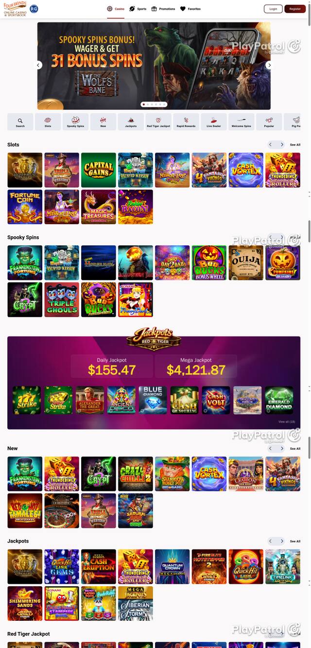 Capture of the front page of play.fourwindscasino.com (play.fourwindscasino.com) on 25 October 2026