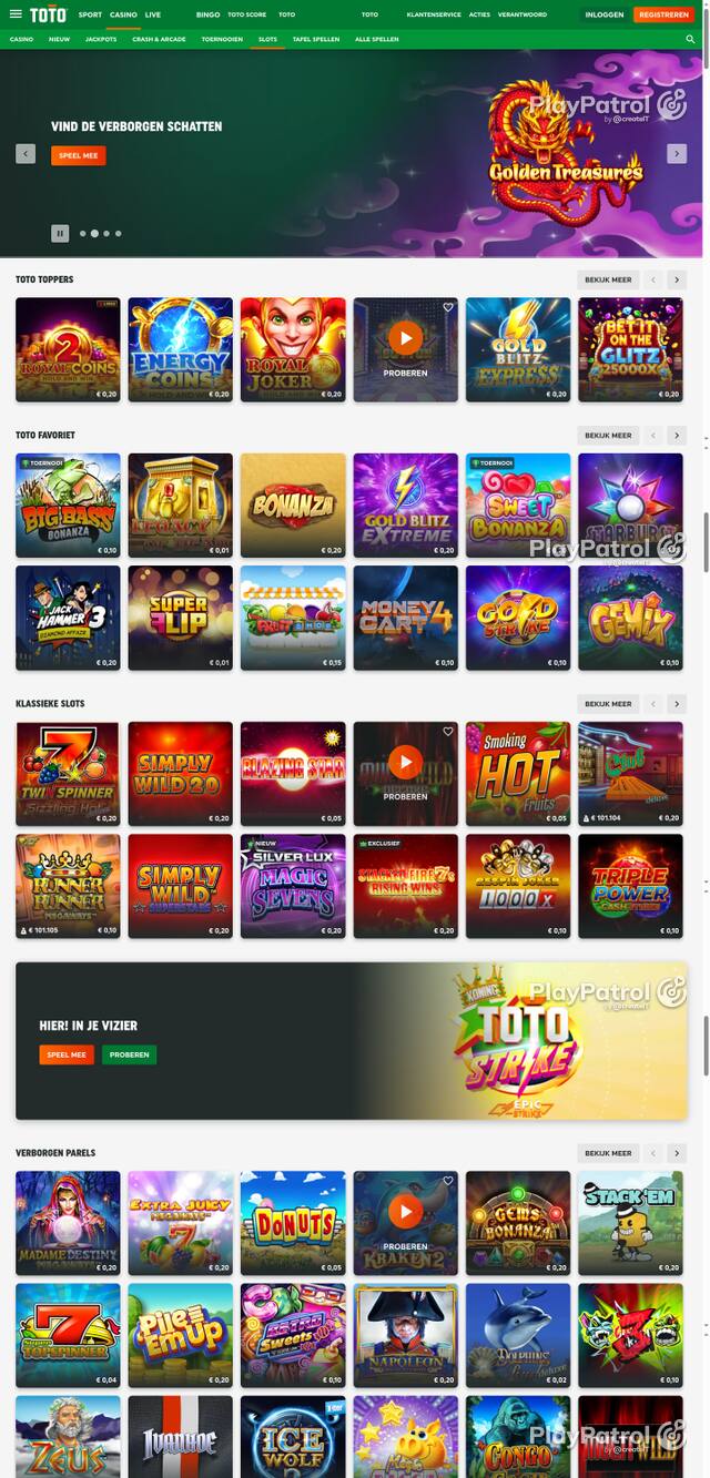Capture of the front page of TOTO Casino (casino.toto.nl) on 16 October 2026