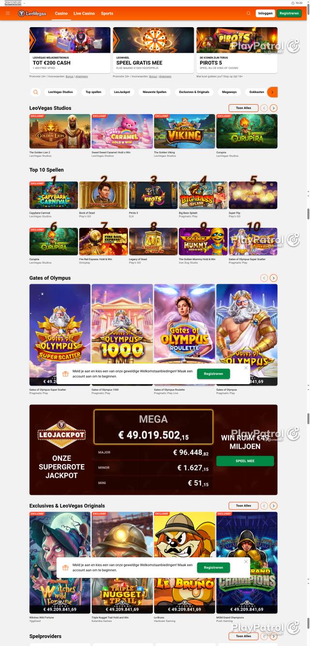 Capture of the front page of LeoVegas Casino Nederland (leovegas.nl) on 12 October 2026