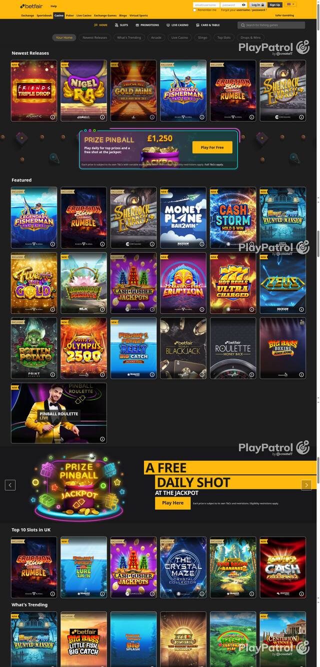Capture of the front page of Betfair Casino (casino.betfair.com) on 17 October 2026