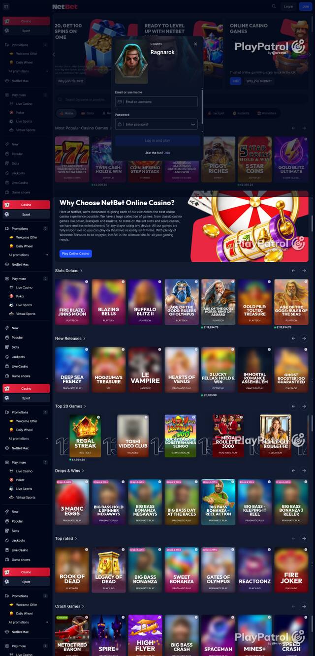 Capture of the front page of NetBet Casino (netbet.co.uk) on 8 October 2026