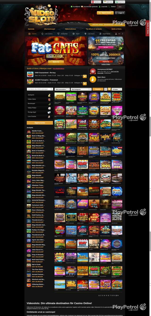 Capture of the front page of videoslots.com (videoslots.com) on 16 October 2026