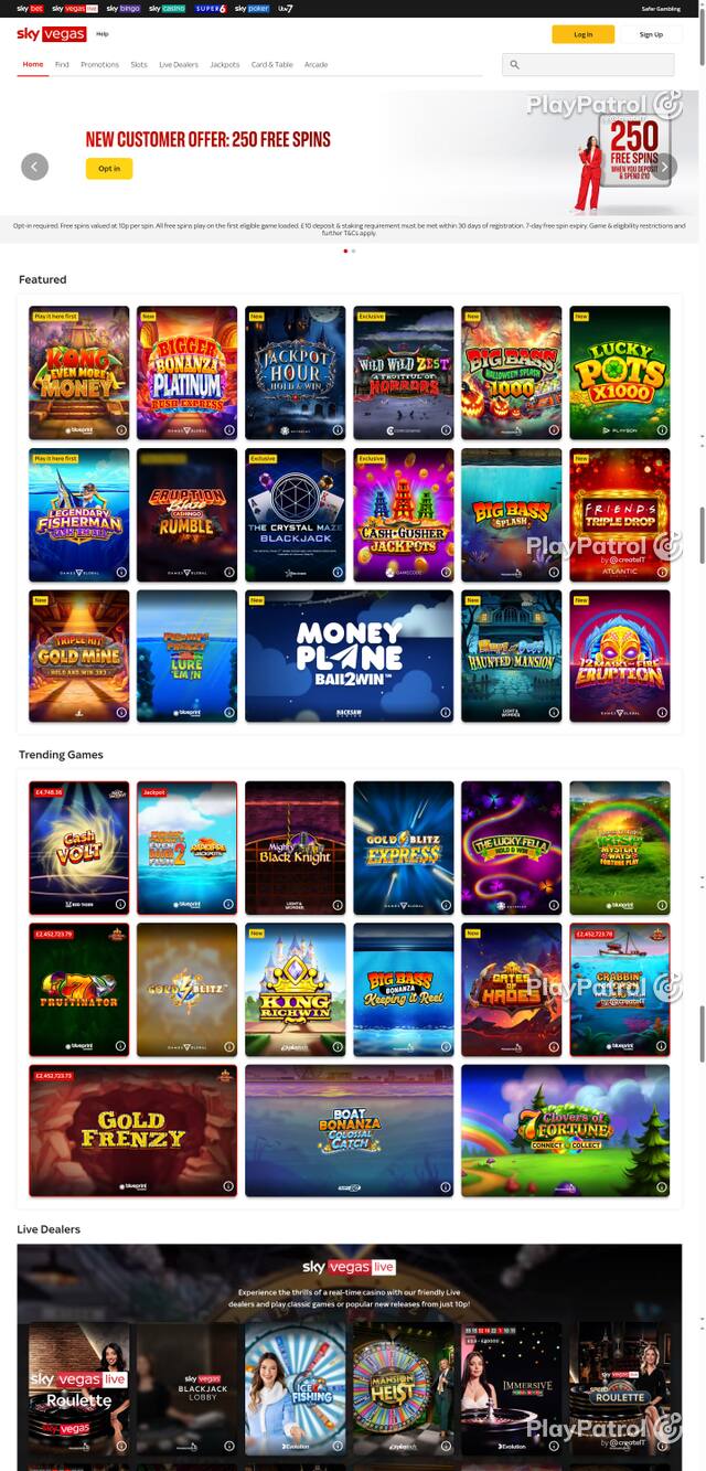 Capture of the front page of Sky Vegas (skyvegas.com) on 26 October 2026