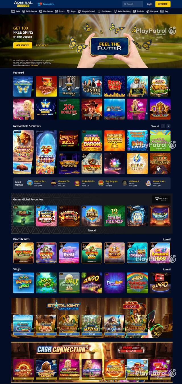 Homepage capture of Admiral Casino recorded during the scan