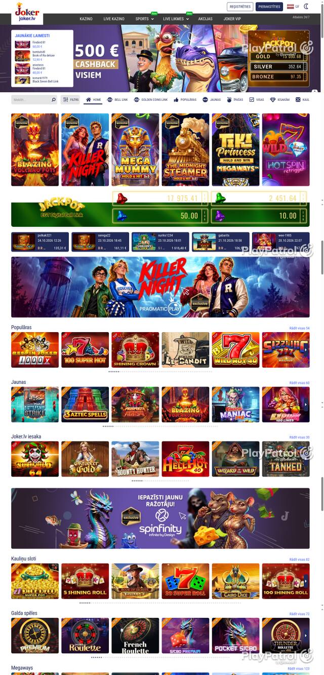 Capture of the front page of joker.lv (casino.joker.lv) on 25 October 2026