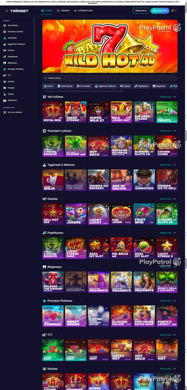 Capture of the front page of twinsbet.lt (twinsbet.lt) on 19 October 2026
