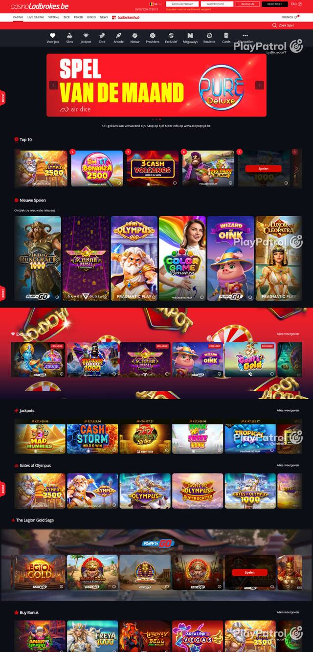 Capture of the front page of casinoladbrokes.be (casinoladbrokes.be) on 23 October 2026
