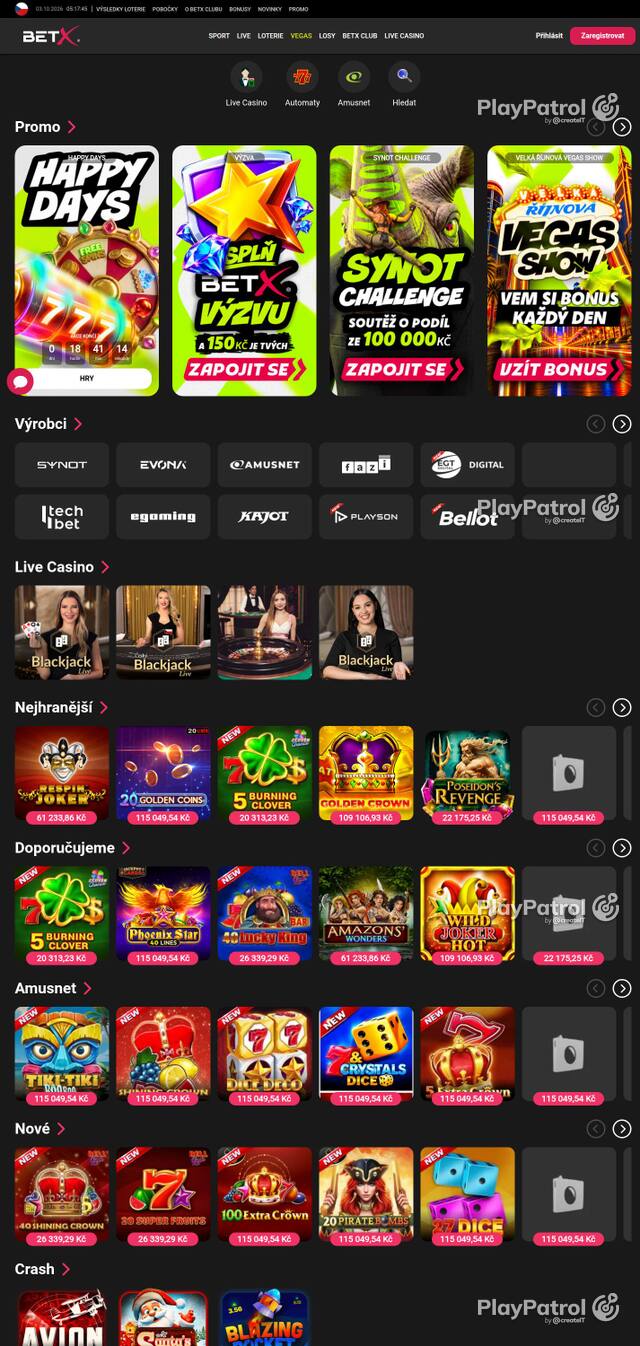 Capture of the front page of BetX (bet-x.cz) on 3 October 2026