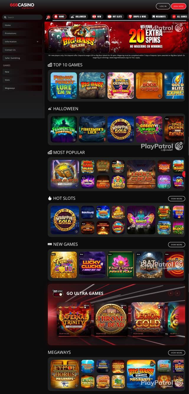 Capture of the front page of 666 Casino (666casino.com) on 28 October 2026