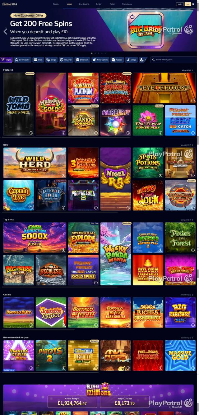 Capture of the front page of William Hill (vegas.williamhill.com) on 23 October 2026