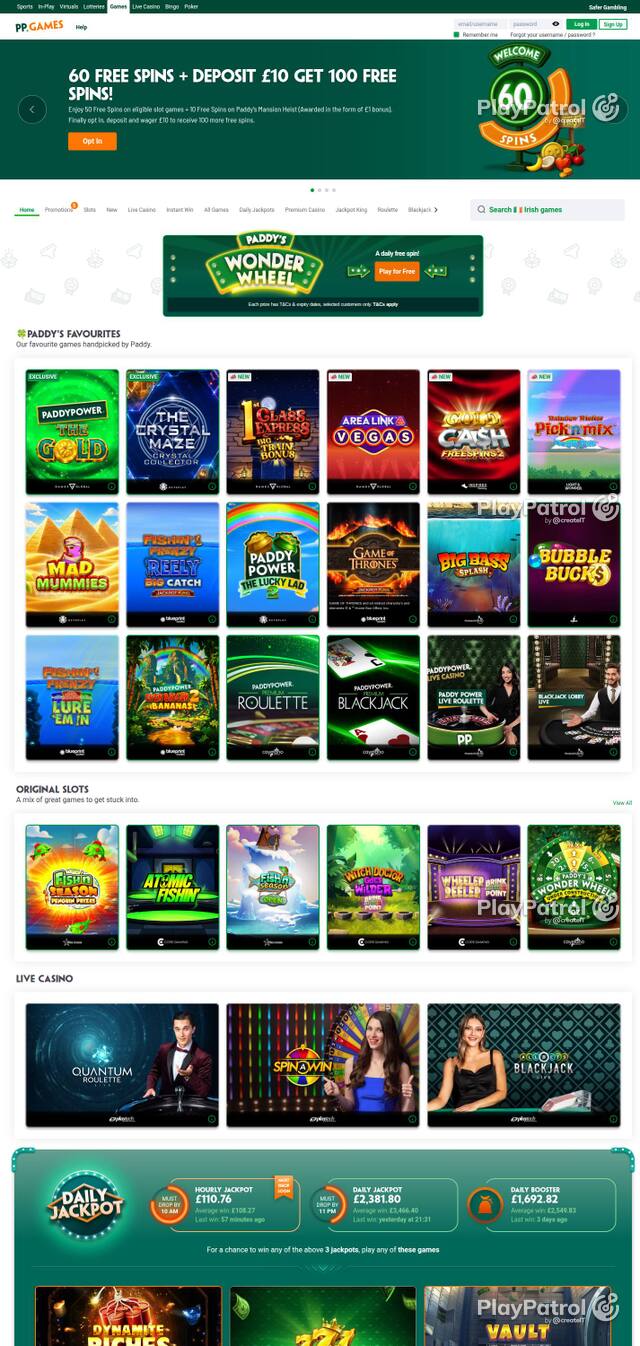 Homepage capture of Paddy Power Games recorded during the scan