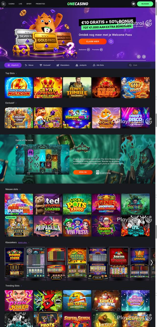 Capture of the front page of One Casino (nl.onecasino.com) on 27 October 2026