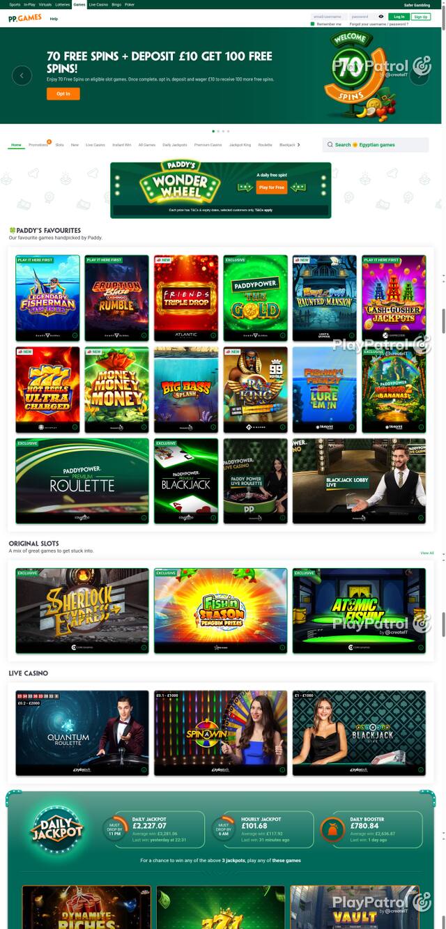 Capture of the front page of Paddy Power Games (games.paddypower.com) on 19 October 2026