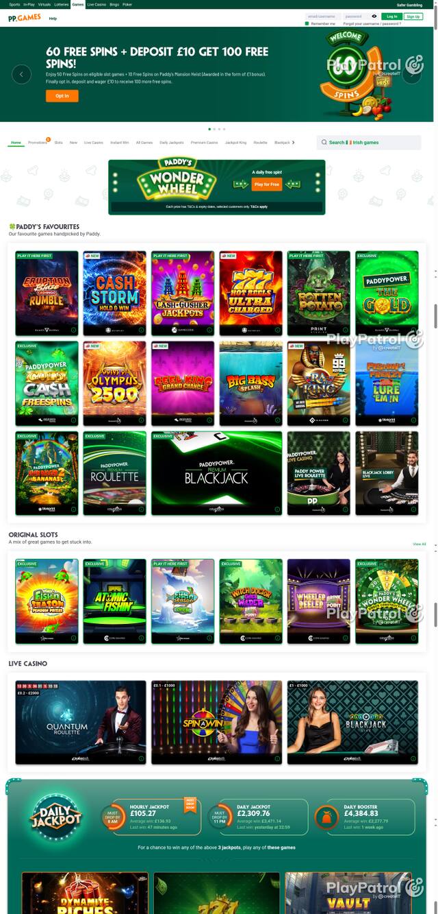 Capture of the front page of Paddy Power Games (games.paddypower.com) on 13 October 2026