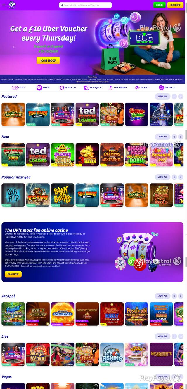 Front page of PlayOJO as captured on 29 October 2026