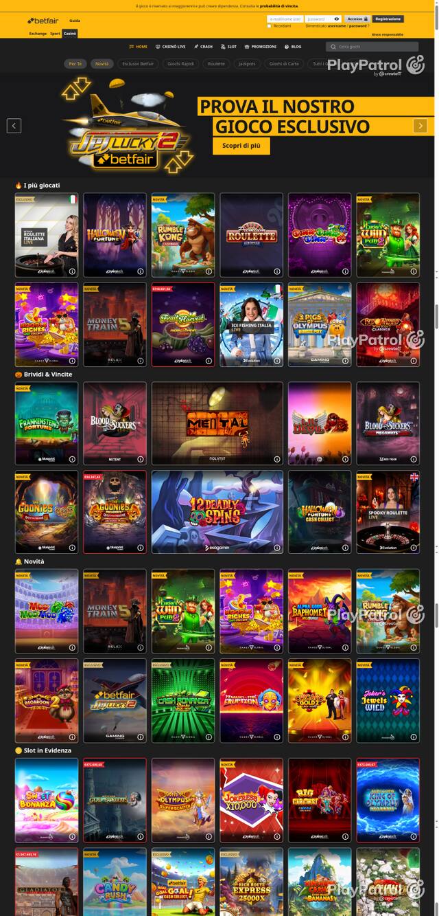 Capture of the front page of Betfair (casino.betfair.it) on 29 October 2026