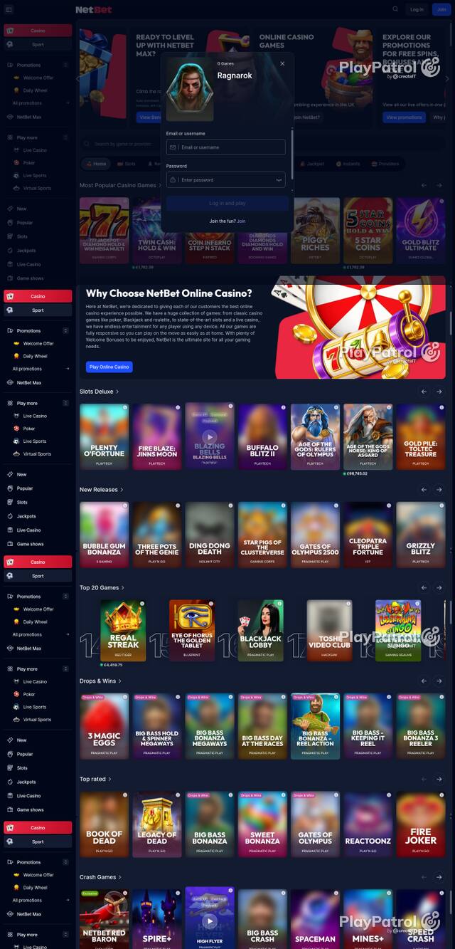 Capture of the front page of NetBet Casino (netbet.co.uk) on 6 October 2026