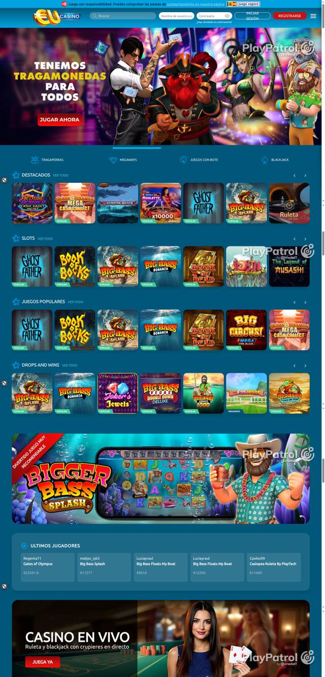 Capture of the front page of EU Casino (eucasino.es) on 8 October 2026