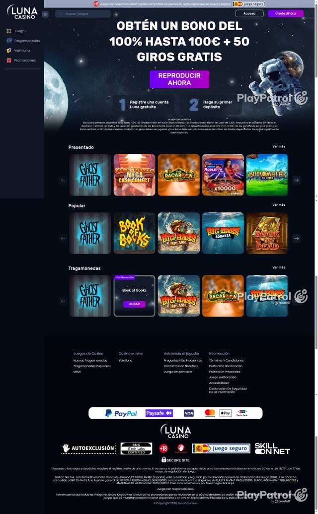 Capture of the front page of Luna Casino (lunacasino.es) on 26 October 2026