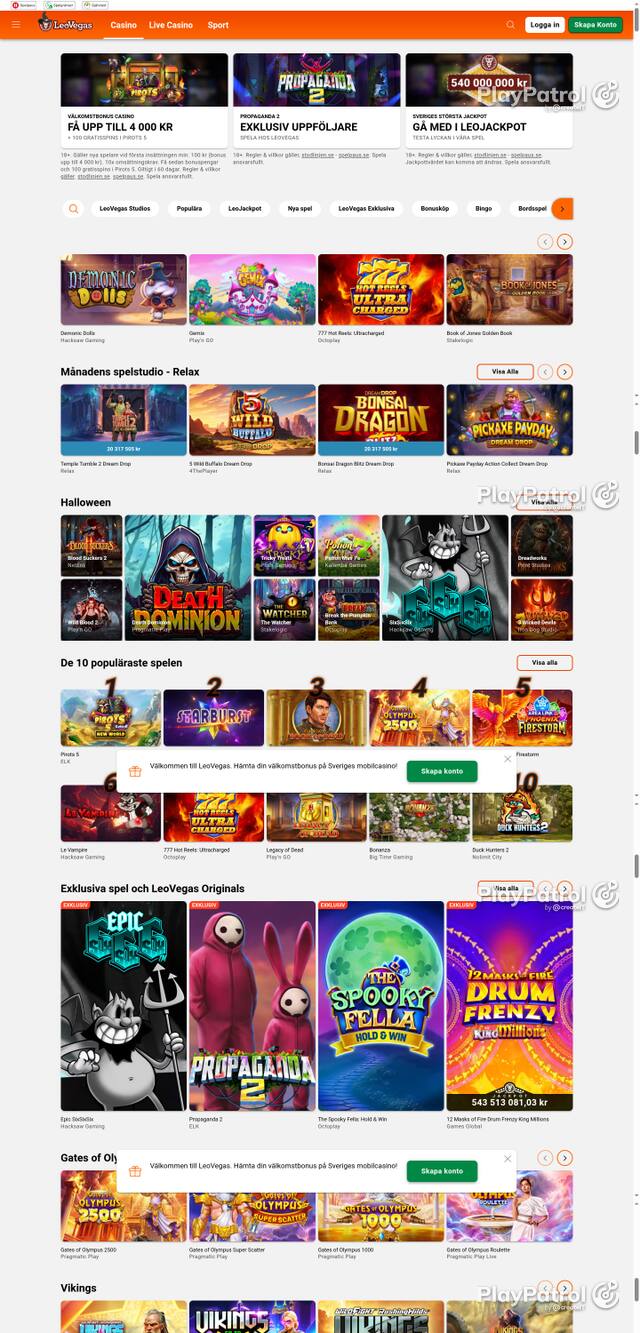 Capture of the front page of leovegas.com (leovegas.com) on 19 October 2026