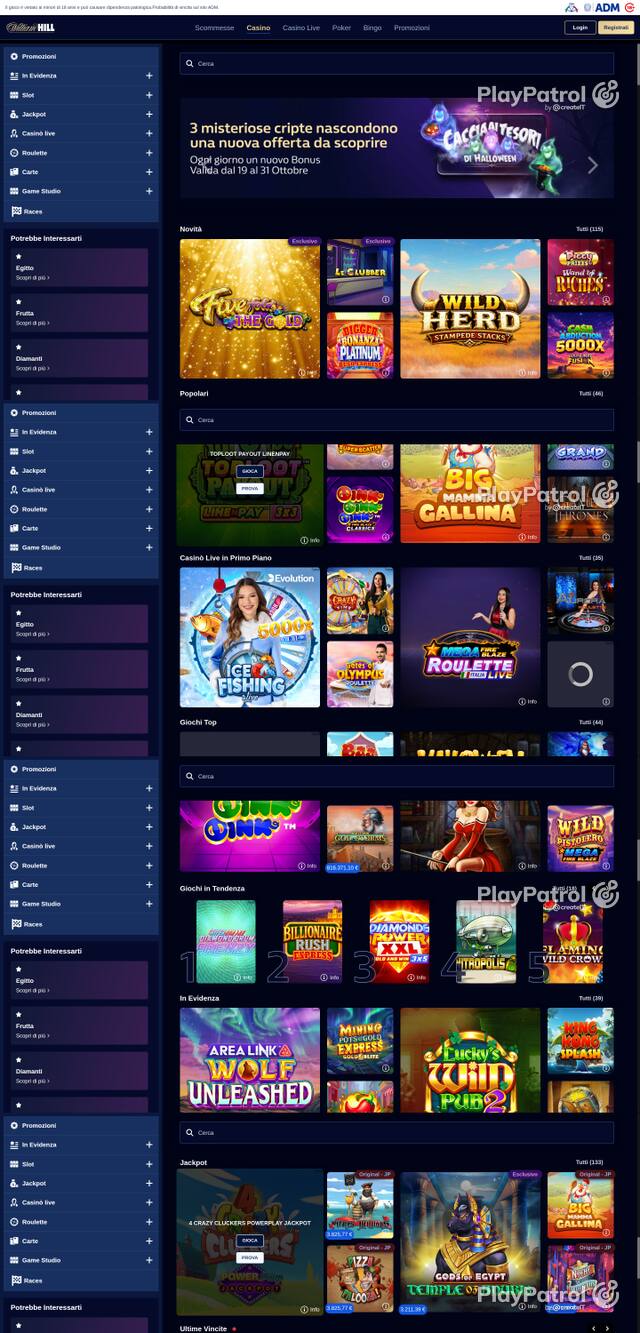 Capture of the front page of William Hill (casino.williamhill.it) on 26 October 2026