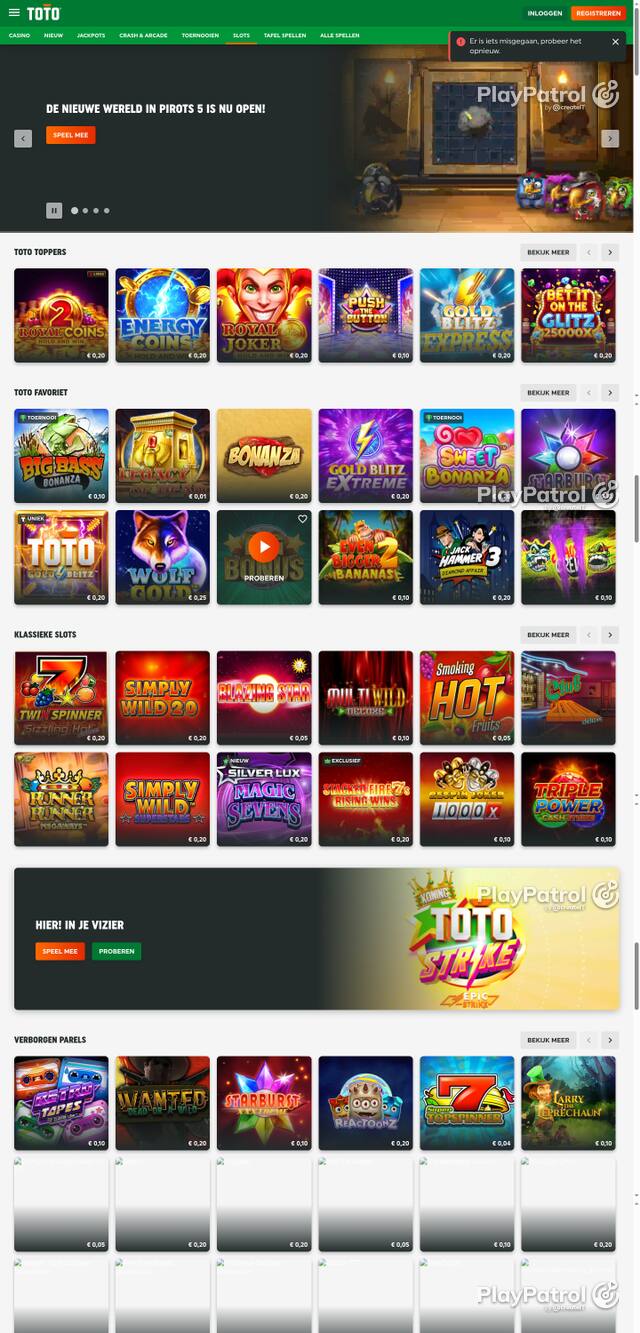 Capture of the front page of TOTO Casino (casino.toto.nl) on 14 October 2026