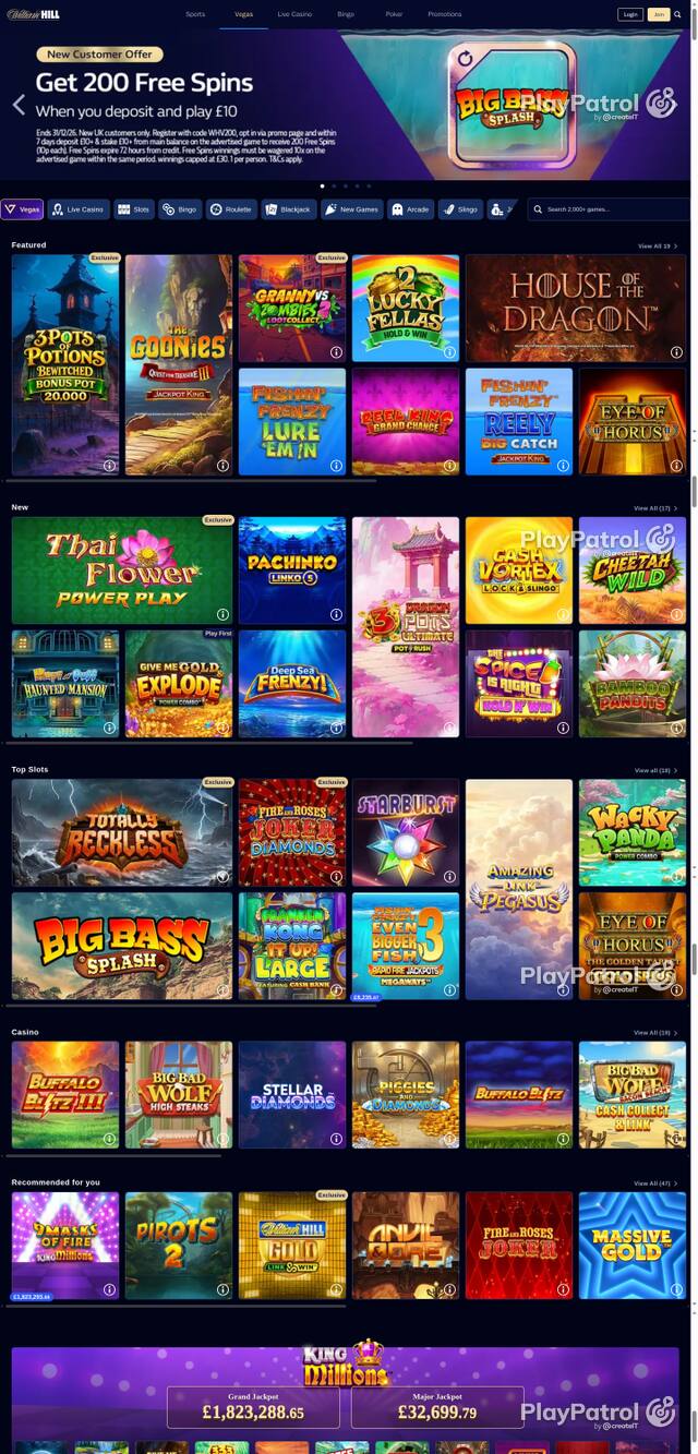 Capture of the front page of William Hill (vegas.williamhill.com) on 10 October 2026