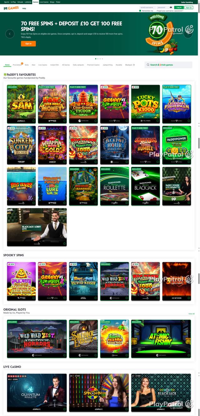 Capture of the front page of Paddy Power Games (games.paddypower.com) on 30 October 2026