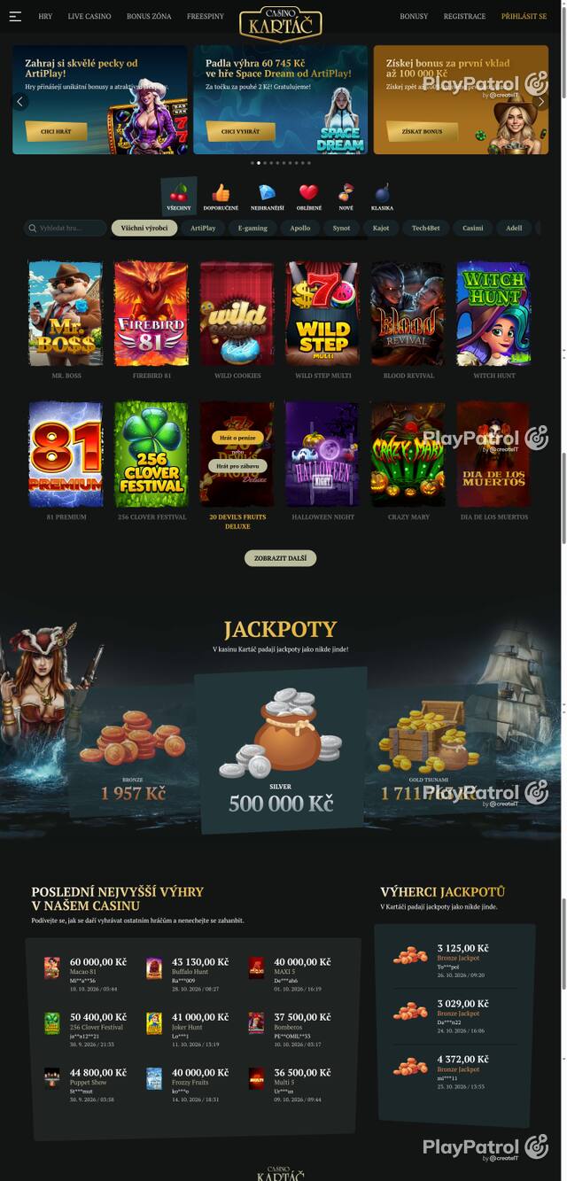 Capture of the front page of Casino Kartac (casino-kartac.cz) on 29 October 2026