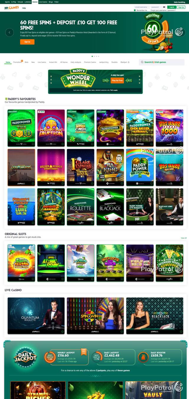 Capture of the front page of Paddy Power Games (games.paddypower.com) on 2 October 2026