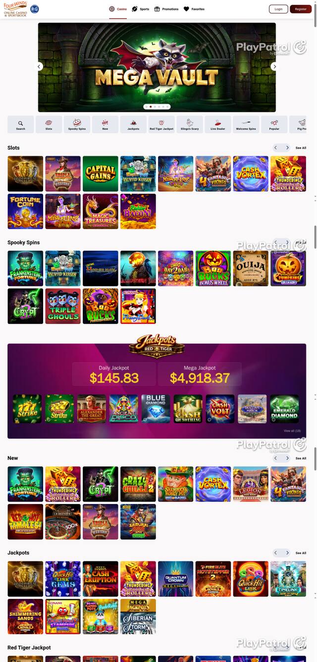 Front page of play.fourwindscasino.com as captured on 29 October 2026