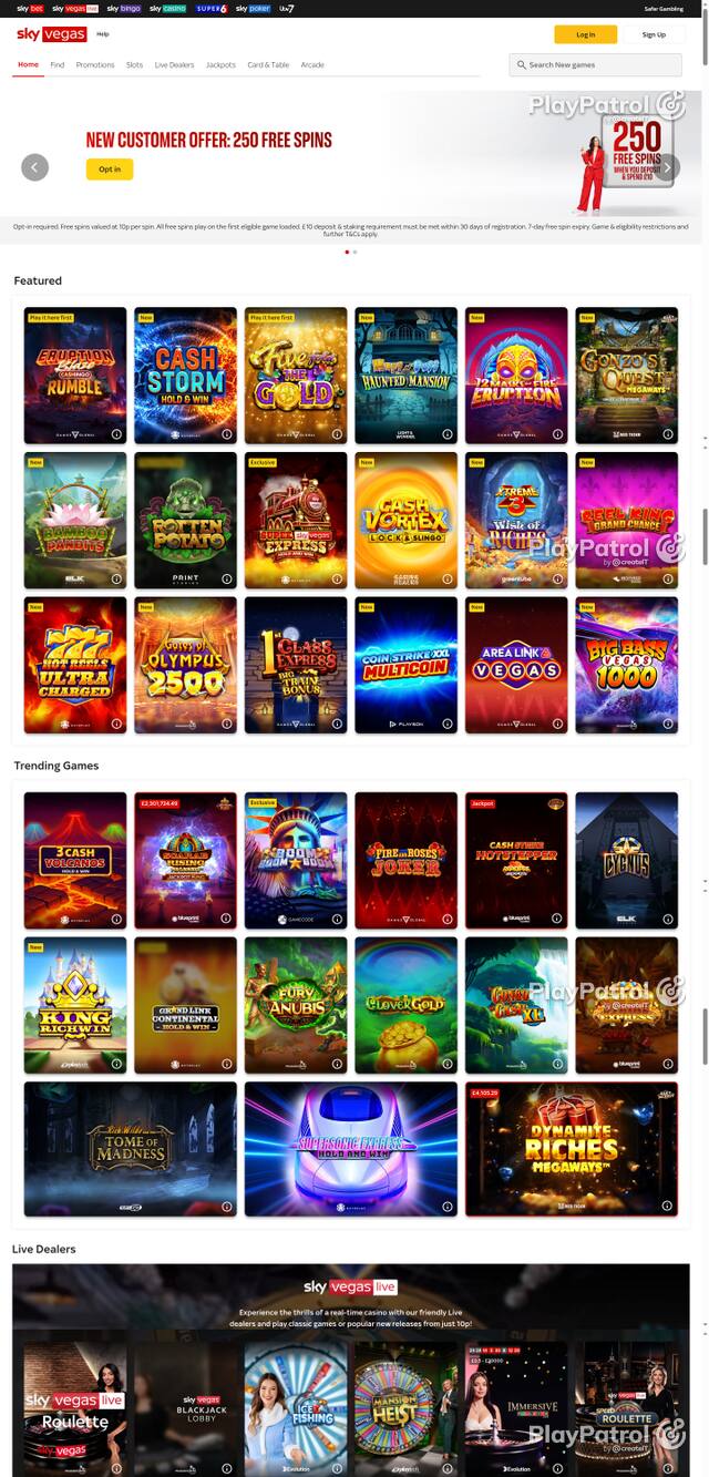 Capture of the front page of Sky Vegas (skyvegas.com) on 13 October 2026