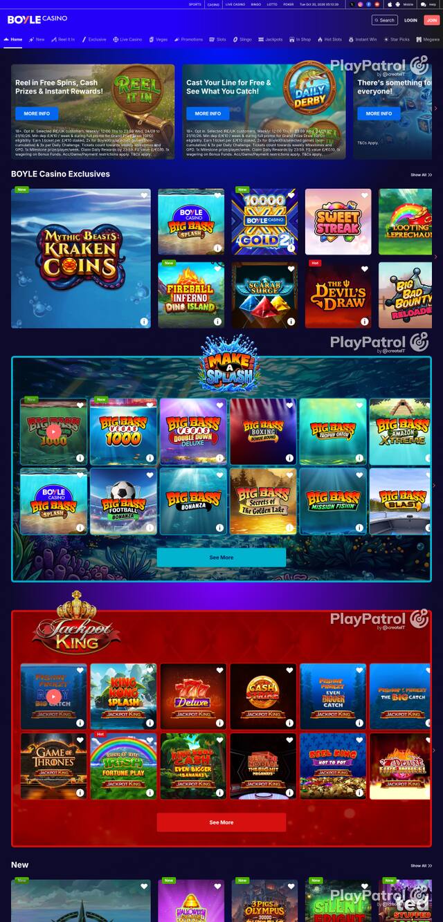 Capture of the front page of BoyleSports Casino (games.boylesports.com) on 20 October 2026