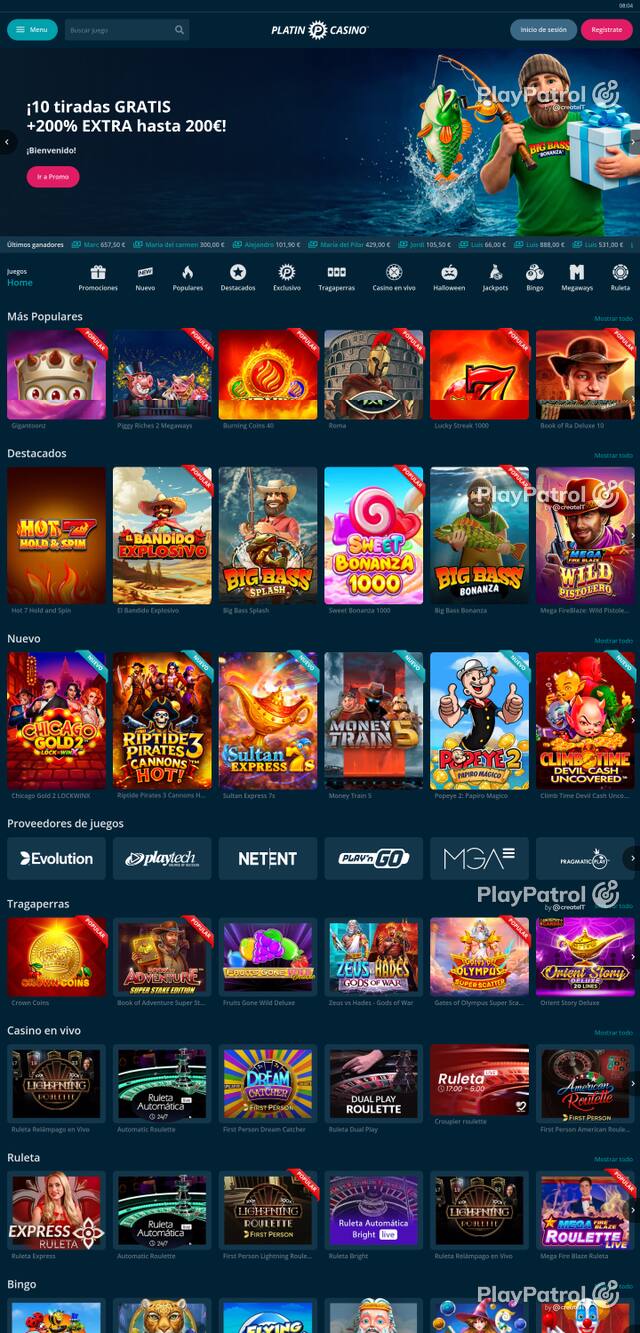 Capture of the front page of Platin Casino (platincasino.es) on 23 October 2026