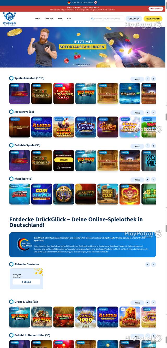 Front page of DrückGlück as captured on 29 October 2026