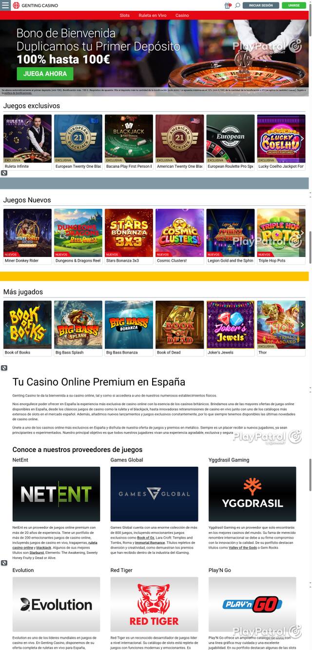 Capture of the front page of Genting Casino (gentingcasino.es) on 18 October 2026