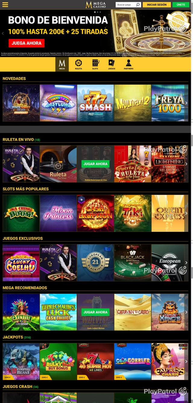 Capture of the front page of Mega Casinos (megacasinos.es) on 24 October 2026