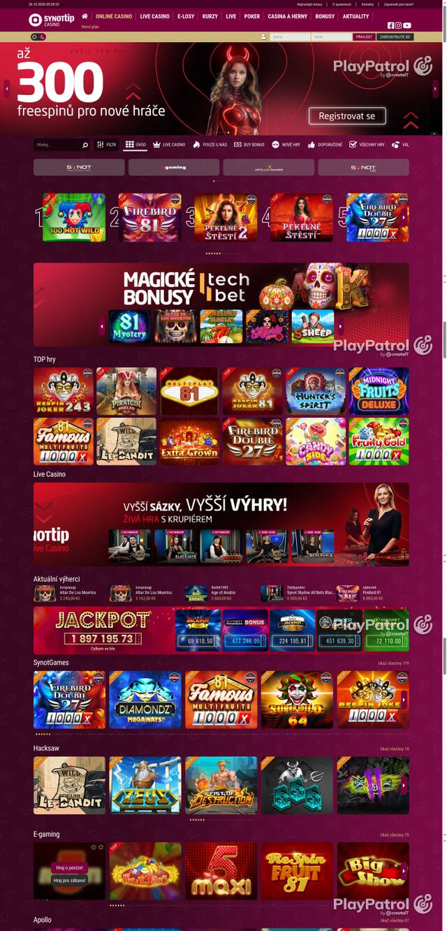 Capture of the front page of Synot Tip (casino.synottip.cz) on 26 October 2026