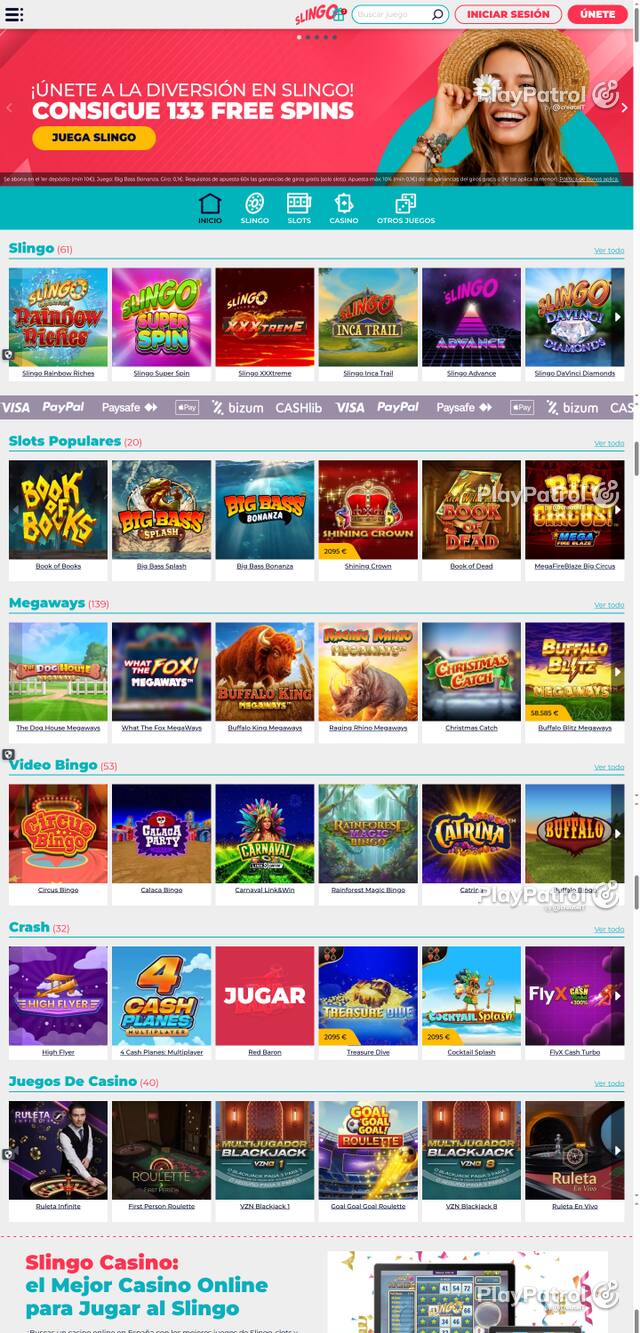 Capture of the front page of Slingo Casino (slingocasino.es) on 7 October 2026