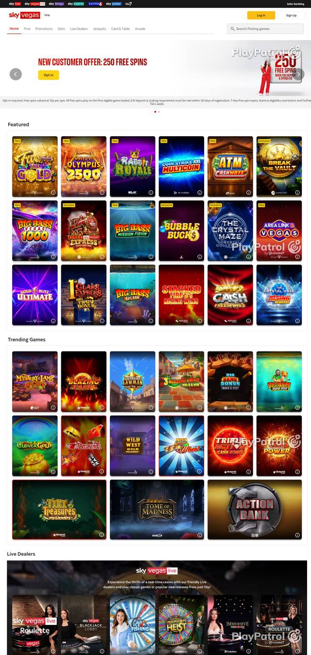 Homepage capture of Sky Vegas recorded during the scan