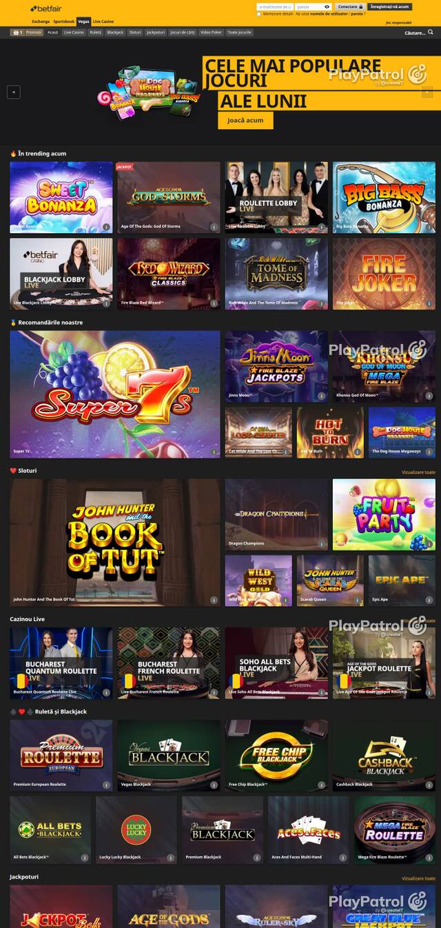 Capture of the front page of Betfair (vegas.betfair.ro) on 4 October 2026