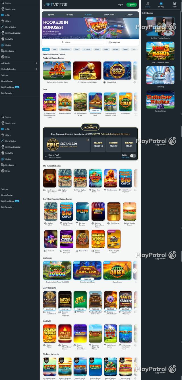 Capture of the front page of BetVictor Casino (betvictor.com) on 18 October 2026